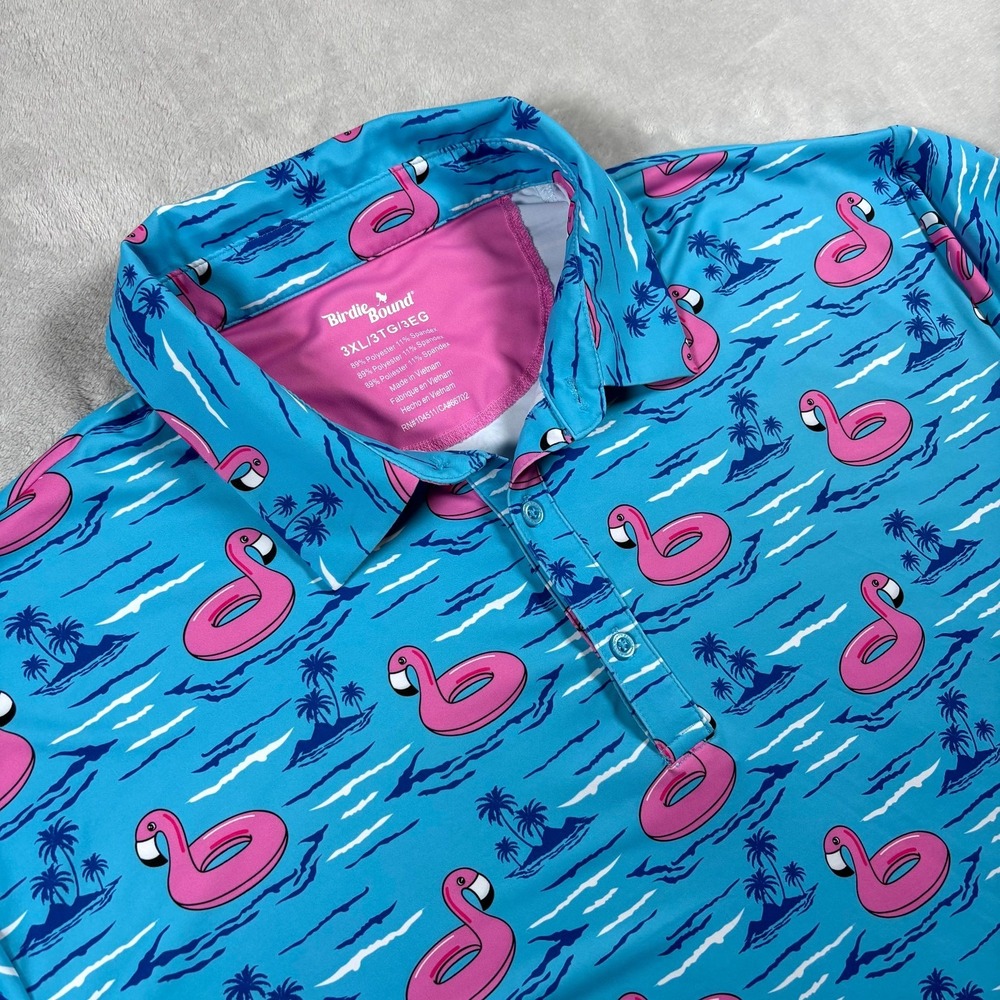 Birdie Bound Polo Shirt Mens 3XL Blue Stretch Flamingo Float Island Print‎ Golf